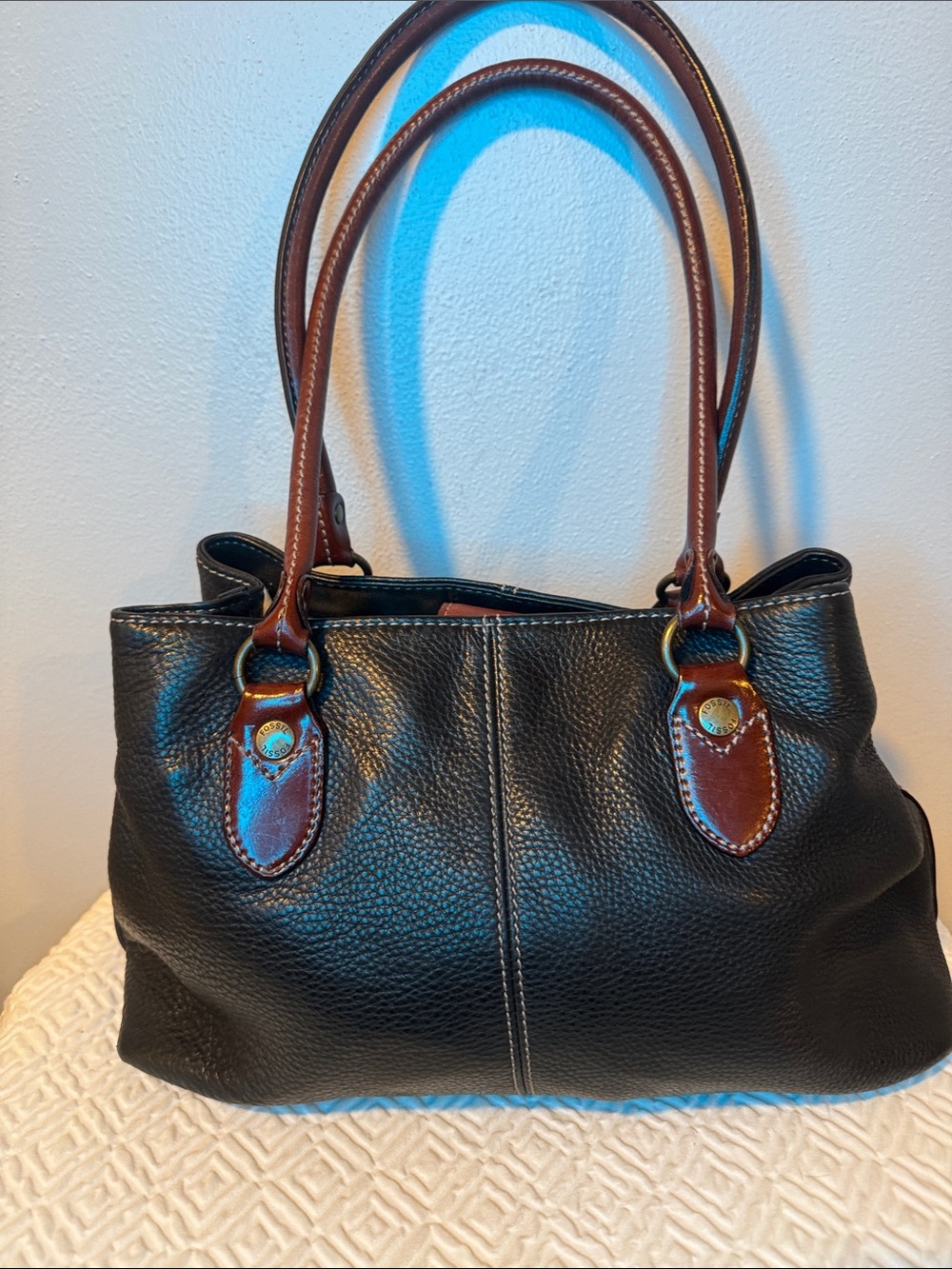 Fossil Pebbled Black/Brown Shoulder Bag Double Handles